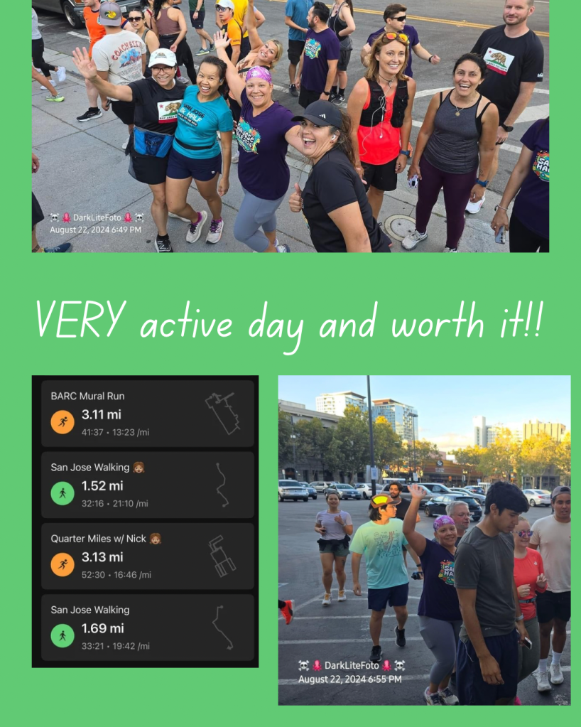 Group of happy ladies above the words VERY active day and worth it! Above an image showing the multiple workouts totaling 9 miles.