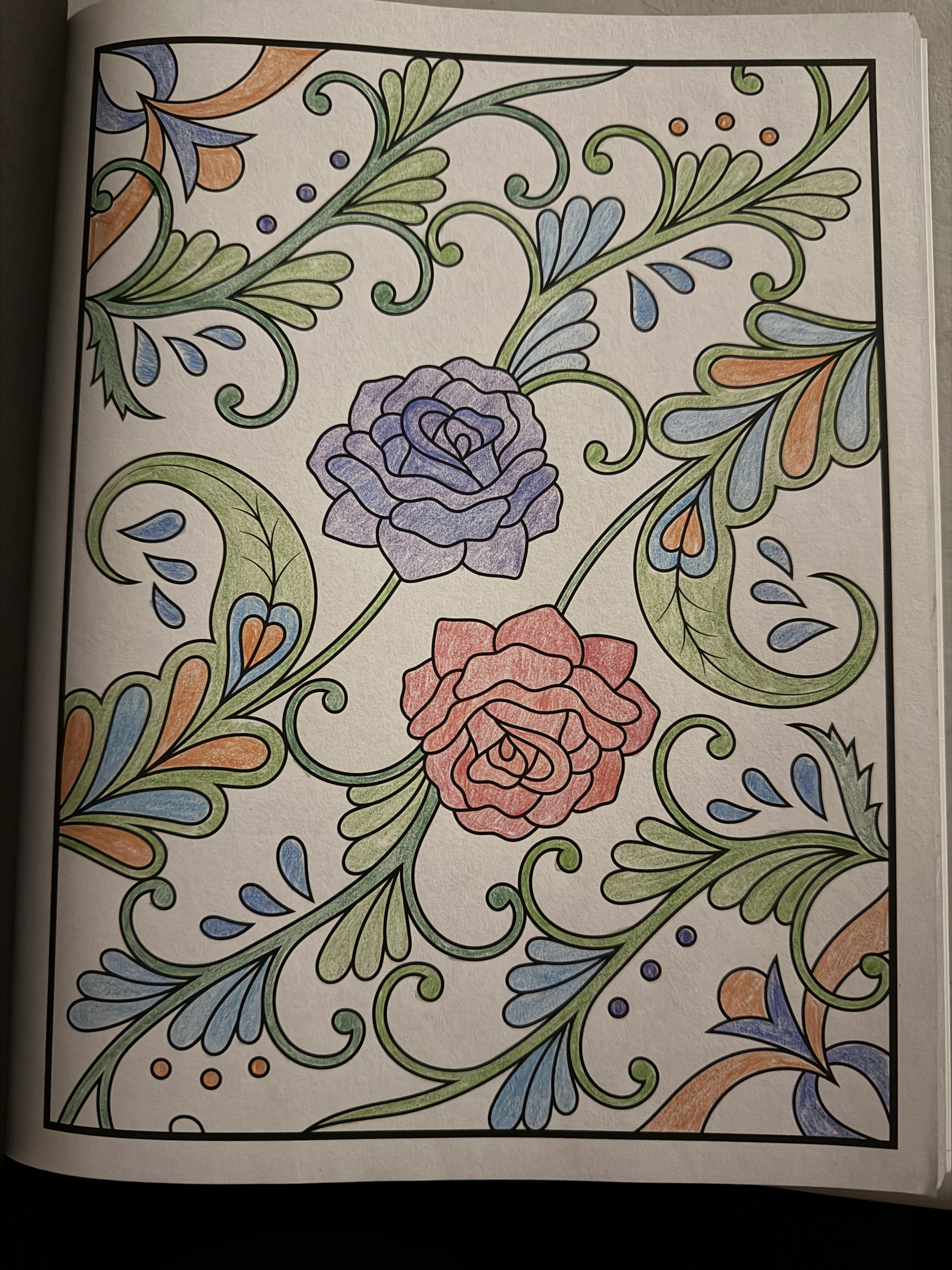 Colorful page of flowers in a mandala symmetrical pattern.